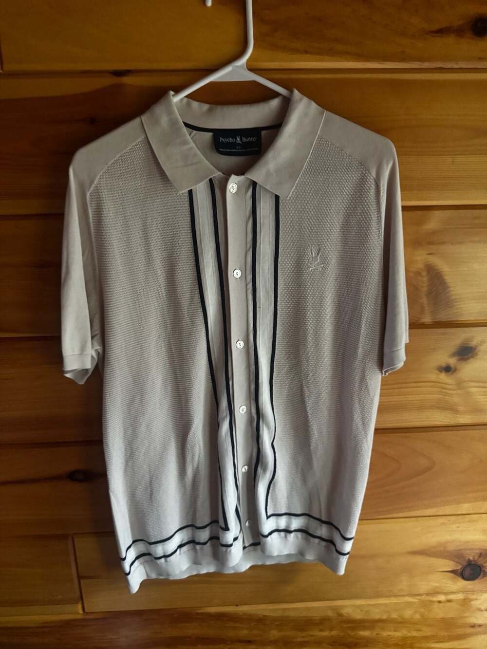 Psycho Bunny Beige Retro Striped Knit Camp Collar Polo Shirt Size S-P